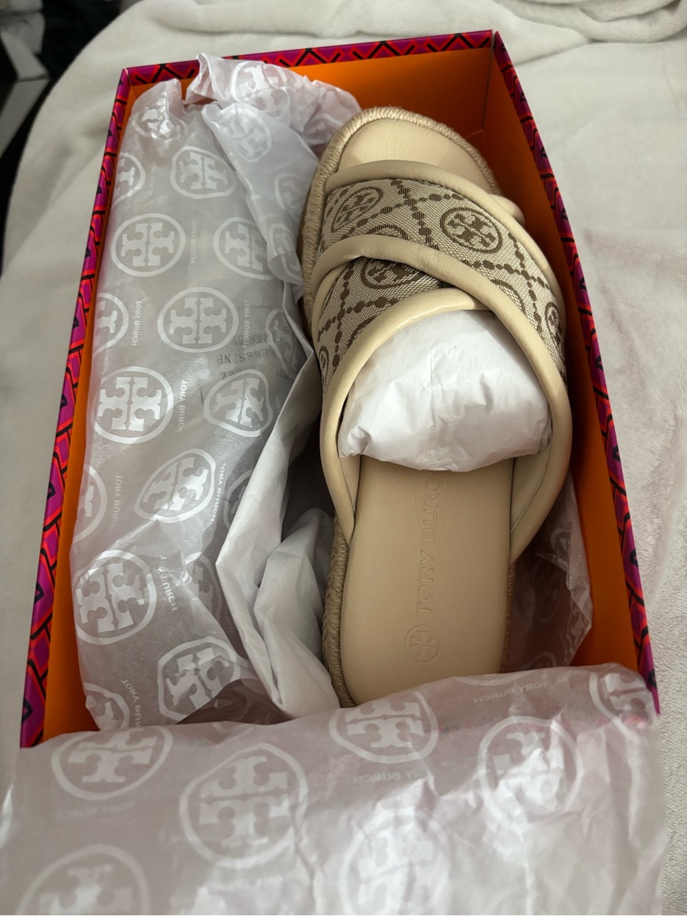 Tory Burch Beige Monogram Espadrille Slide Sandals - Picture 6 of 8